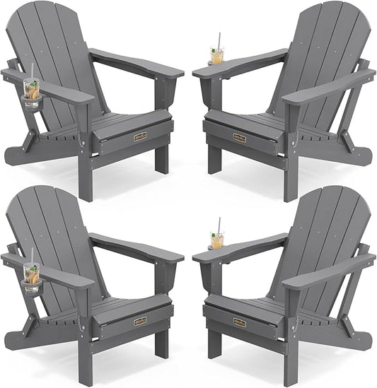 SERWALL Folding Adirondack Chair with Cup Holder Set of 4, Weather Resistant HIPS Patio Chairs, Wooden Textured, Fire Pit Chairs for Garden Outdoors Fire Pit - Gray