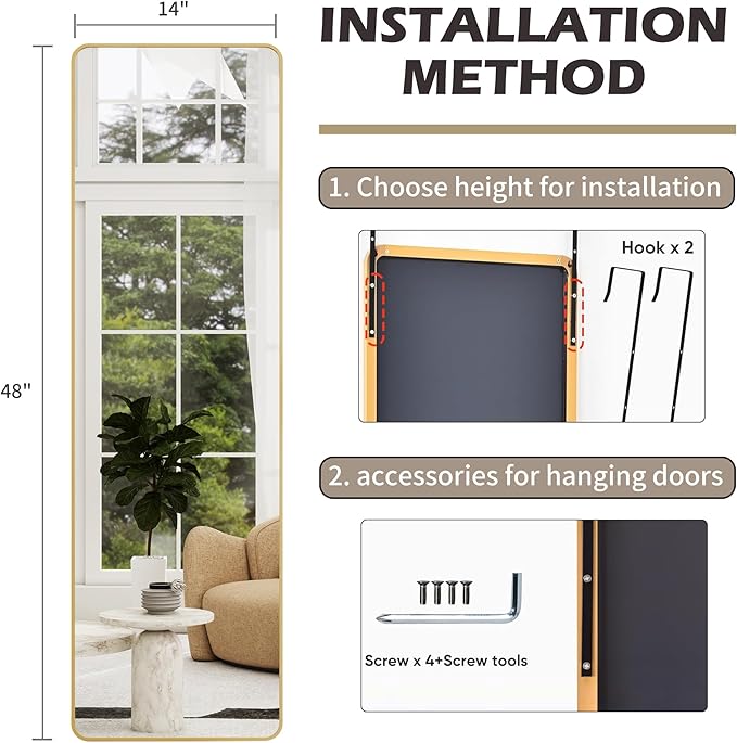 Full Length Door Mirror 14x48, Metal Frame