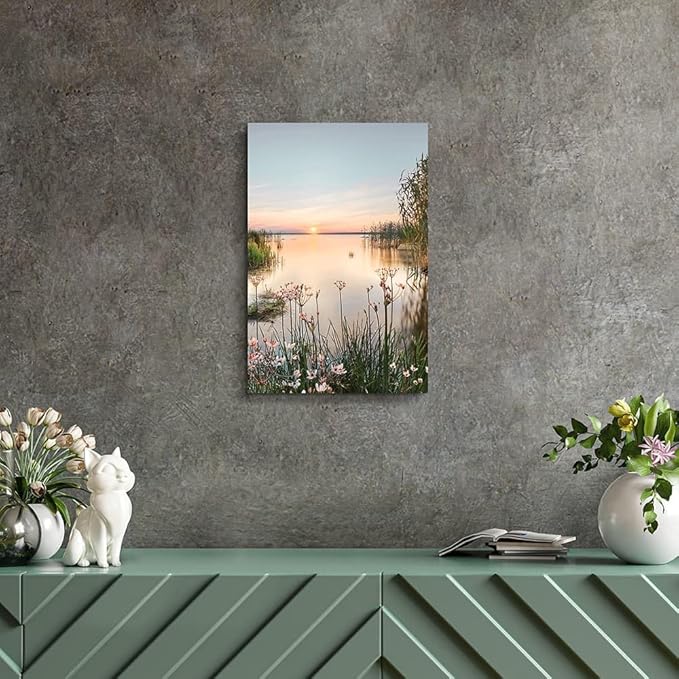 Lake Canvas Landscape Wall Art: Nature Picture Print Vertical Sunset Scene Painting Artwork for Bedroom Living Room Decor