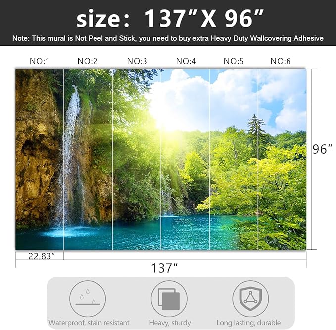 -Green Lake Waterfall Scenery Fabric Wallpaper Living Room Woodland Forest