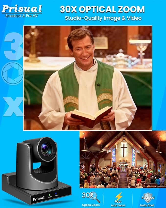 Prisual NDI PTZ Camera Gen 5, 30X Optical Zoom, AI Auto Tracking, 3G-SDI USB LAN PoE HDMI PTZ Camera for Church Broadcast Education Events (Official NDI 6 & NDI HX3 Certified) TEM-30N PRO