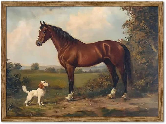 Framed Vintage Wall Art, Rustic Horse and Dog Pictures Wall Decor, Farmhouse