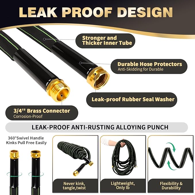 Garden Hose 75 ft Water Hose Flexible Heavy Duty Outdoor Lightweight No Kink Long Non-Expandable High Pressure Flat Hoses Pipe 100’ Strong 3/4’’ Brass Fitting for Outside Yard Lawn Car Wash