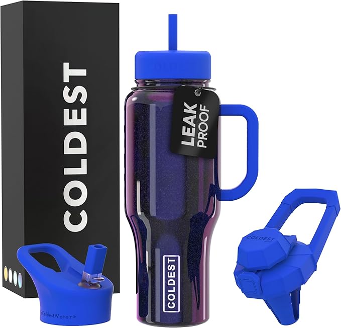 Coldest Tumbler with Handle and Straw, 100% Leak Proof Insulated Tumbler with Lid and Straw (3 Lids), Stainless Steel Tumblers for Women & Men, Cup Holder Friendly, 36 oz (Enchanted Blue)