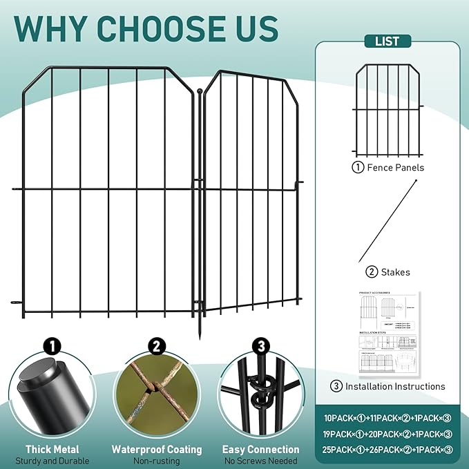 Goovilla Garden Fence, Total 25ft(L) x 24in(H) Garden Fencing Animal Barrier, 25 Pcs Rustproof Metal Wire No Dig Fence Panels, Black Decorative Garden Fences and Borders for Dogs, Flower Bed, Patio