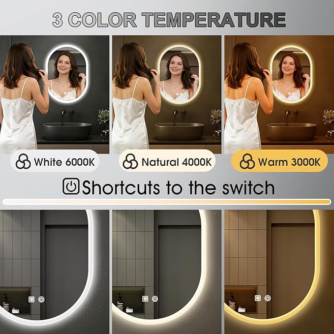 16x24 LED Bathroom Mirror with Lights Oval, Lighted Bathroom Vanity Mirror