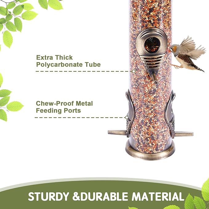 Metal Bird Feeder Tube Hanging Wild Bird Seed Feeder Aluminum Six Port Bird Feeders,1.4 mm Extra Thick Solid Tube Transparent with Steel Hanger Great for Attracting Birds (Bronze 2PK)