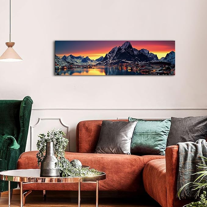 AREBOLO Sunset Mountain Canvas Wall Art Lake Landscape Pictures Nature Wall