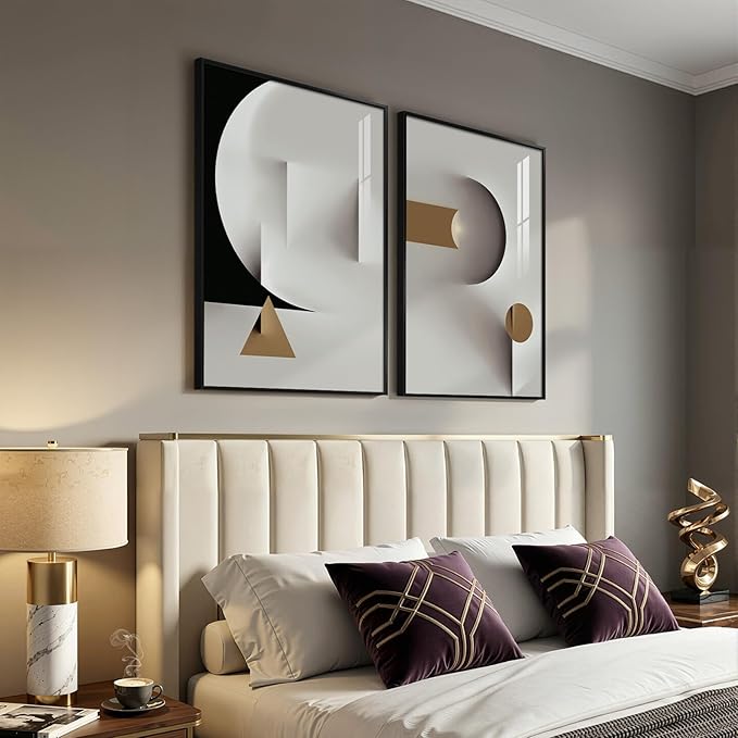 Large Framed Modern Elegant Abstract Wall Art, 2 Piece Black White Gold