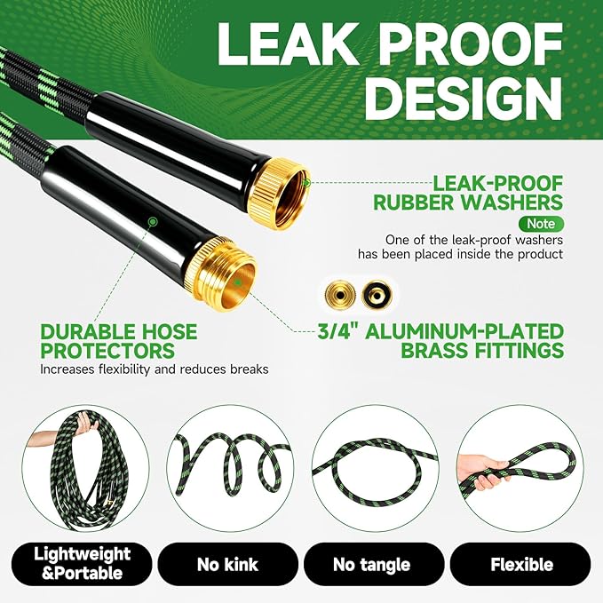Garden Hose 50ft Flexible Non-Expandable Water Hose Ultra Lightweight Kink-Free Leak-Proof Durable & Abrasion-Resistant with 3/4" Brass Fittings for Patio Yard RV and Outdoor Use