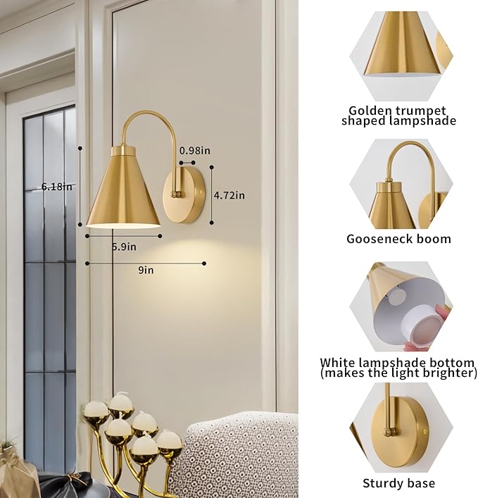 Powfloven Vintage Rechargeable Wall Sconces Set of 2, Wireless Gooseneck Indoor