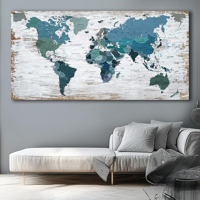 Teal Decor map of the world Canvas Wall Art Pictures