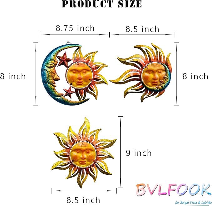 Home Wall Decor Living Room of Glass Sunface, Home Decor Wall Hanging Decor Metal Wall Art, Wall Decorations Boho Wall Decor, Garden Decor Farmhouse Decor Outdoor Decor for Patio, 3 Sets 9 inch Large