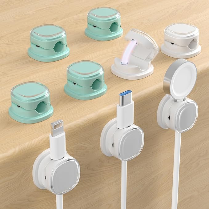 Magnetic Cable Clips, Adjustable Cord Holder Management, Adhesive Wire Keeper Organizer for Home Office Desk Phone PC Car Wall Desktop Nightstand Appliance (9-PCS White & Cyan)