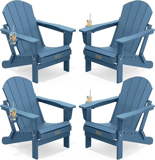 SERWALL Folding Adirondack Chair with Cup Holder Set of 4, Weather Resistant HIPS Patio Chairs, Wooden Textured, Fire Pit Chairs for Garden Outdoors Fire Pit - Blue