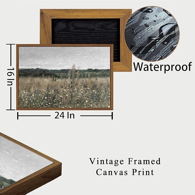 OIQArtOIQ Vintage Framed Wall Art Wildflower Field Meadow Canvas Art Prints