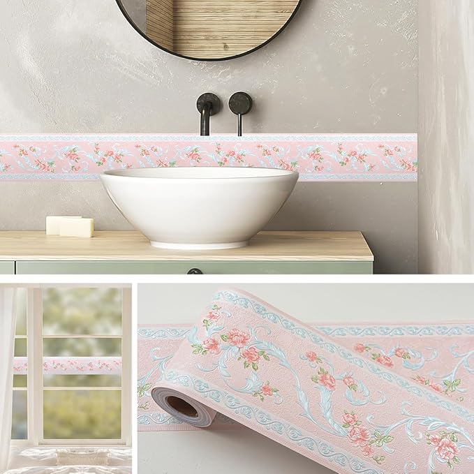 AbaBoorty 394"X4.1"Pink Flower Wallpaper Border Peel and Stick 3D Pattern Wall
