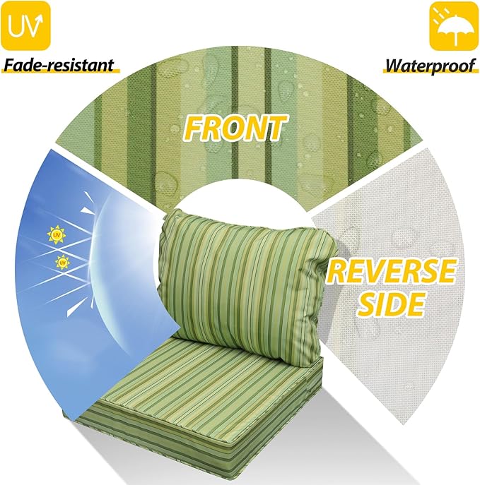 AAAAAcessories Outdoor Seat Cushions for Chairs, Fade-Resistant, Waterproof Patio Furniture Replacement Cushions, 21" x 21" x 3" + 21" x 17", Mossy Forest Stripe