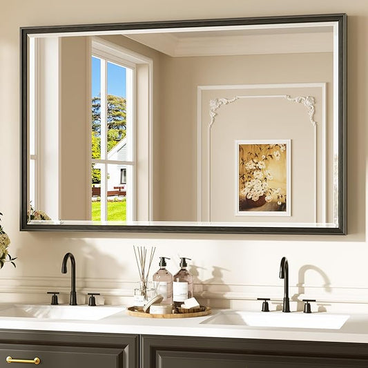 Keonjinn 48" x 30" Black Bathroom Vanity Mirror, Aluminum Alloy Framed Black
