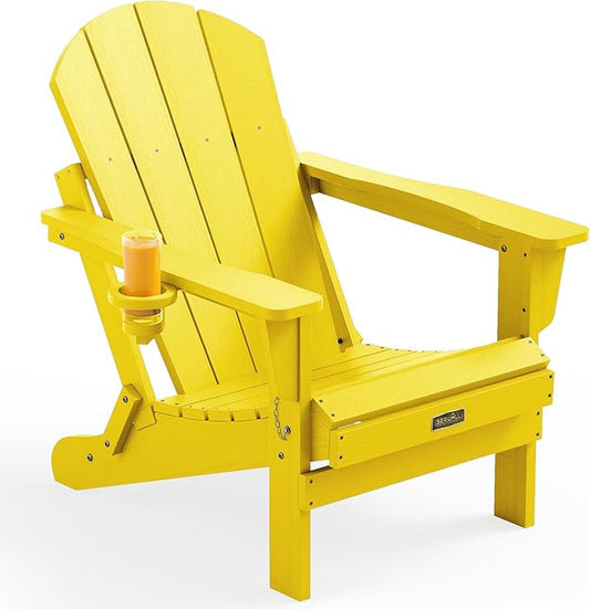 SERWALL Folding Adirondack Chair Outdoor Adirondack Chairs with Cup Holder, Weather Resistant Fire Pit Chairs for Patio - Yellow