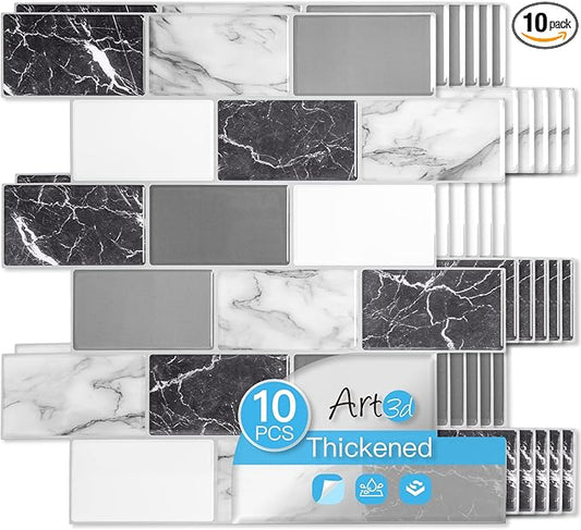Art3d Peel and Stick Black White Grey Marble Wall Tiles – 12"x12" Thicker