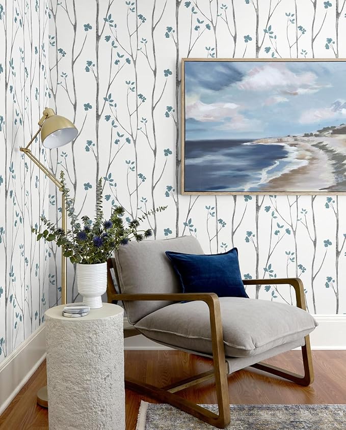 Timeet Blue White Floral Leaf Boho Wallpaper 16.14"x118.11" Self-Adhesive