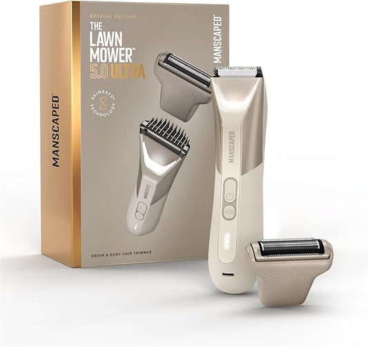 MANSCAPEDÂ® The Lawn MowerÂ® 5.0 Ultra Groin & Body Hair Trimmer â Dual-Head SkinSafeÂ® Trimmer & Foil Blades, Waterproof Groomer, USB-C Rechargeable with Travel Case, Menâs Ball Shaver, Desert Sand