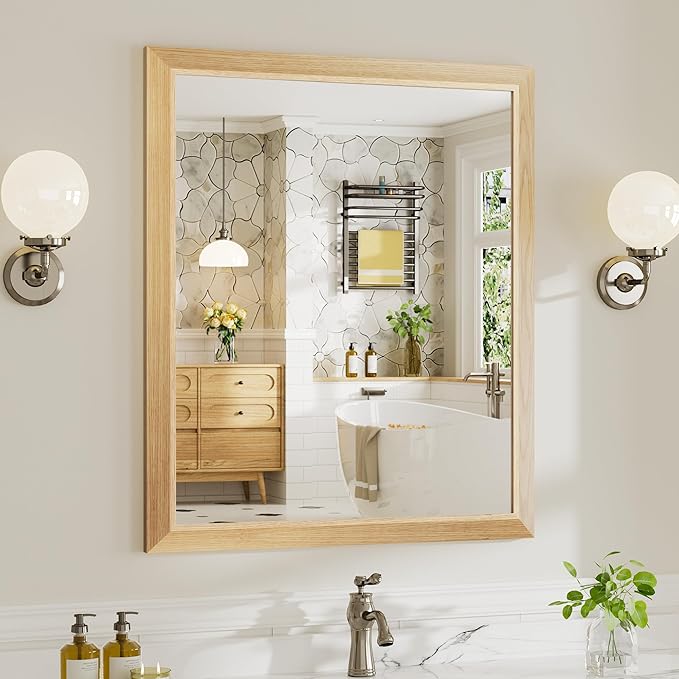 36x30 Inch Bathroom Mirror for Wall, Anti-Rust Oak Wood Grain Metal Framed