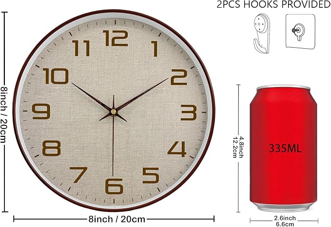 Woodgrain Wall Clock, Silent Non-Ticking Wall Clocks Battery Operated 8 Inch