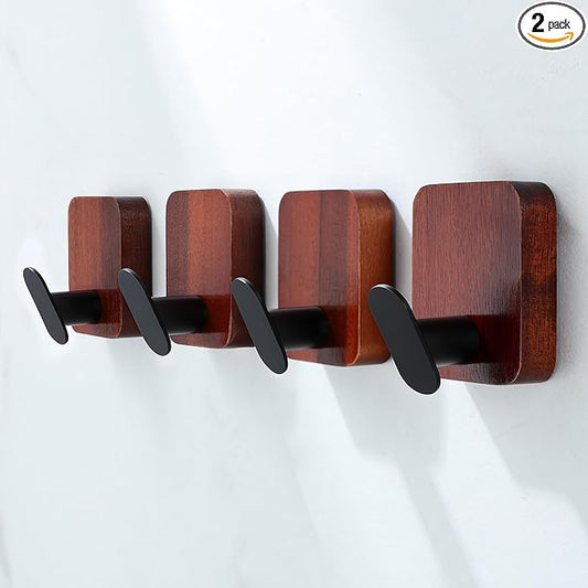 DELITON Acacia Wooden Towel Hooks Red Brown, 4 Pack Sticky Hooks