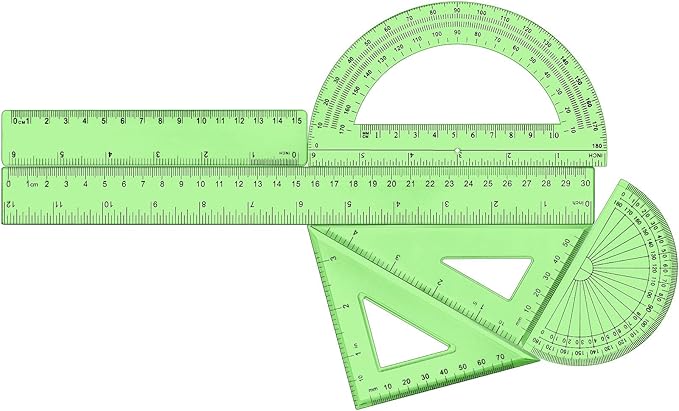 Tenare 1 Set Plastic Clear Math Set Includes Protractor Triangle Rulers 12 Inch 6 Inch Straight Geometry Math Transparent Ruler Measuring Tool for School Office Home Supplies (Green)