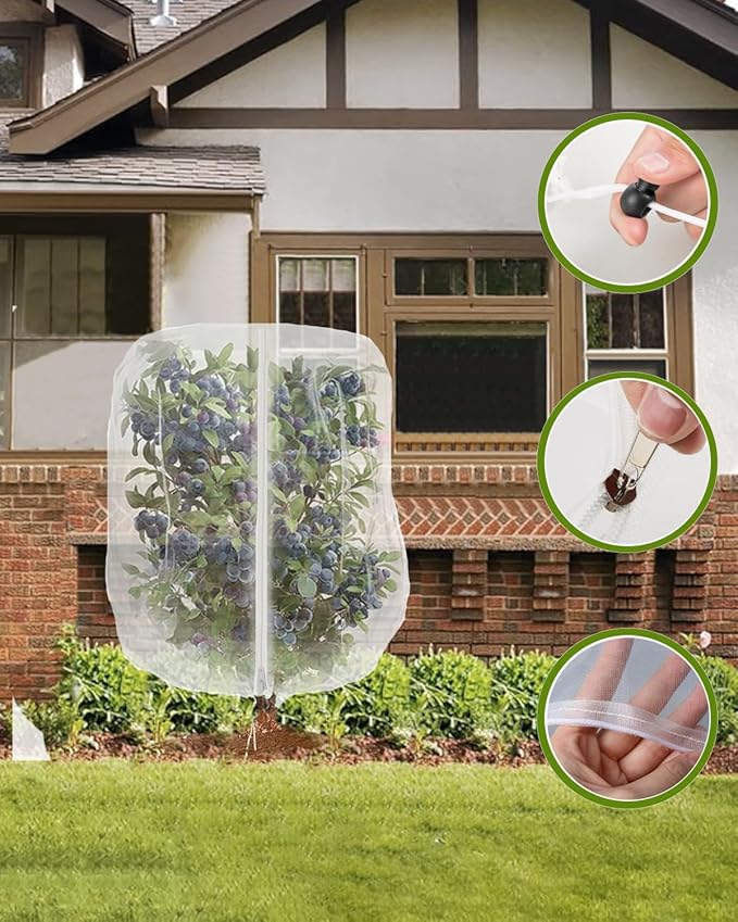2 Pack Large Fruit Tree Netting with Zipper & Drawstring, 10 x 10 Ft Reusable Blueberry Bush Netting Cover, Durable Bird Netting for Trees, Bushes, Flowers