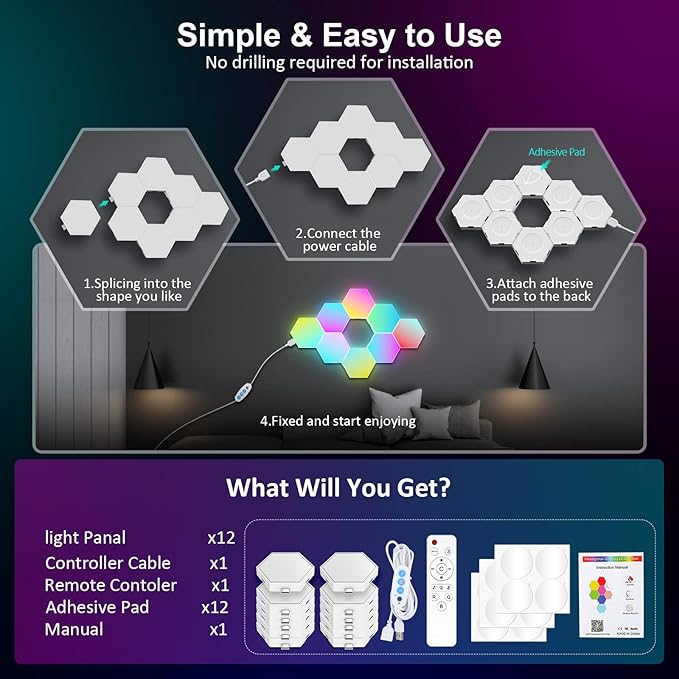 OJQ 12 Pack Hexagon Lights Wall RGB Panel