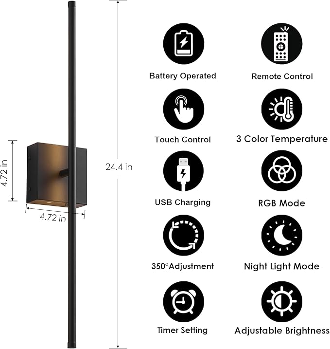 KARTOOSH 24.4 Inch 9 RGB Color Battery Operated Wireless Wall Sconces Set of Two