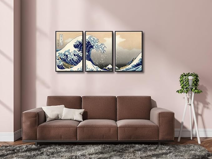 Wieco Art Black Framed Great Wave of Kanagawa Katsushika Hokusai 3 Piece Modern