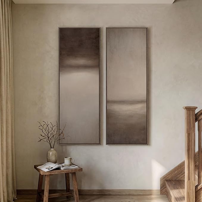 Long Narrow Framed Brown and Beige Neutral Abstract Vertical Wall Art,