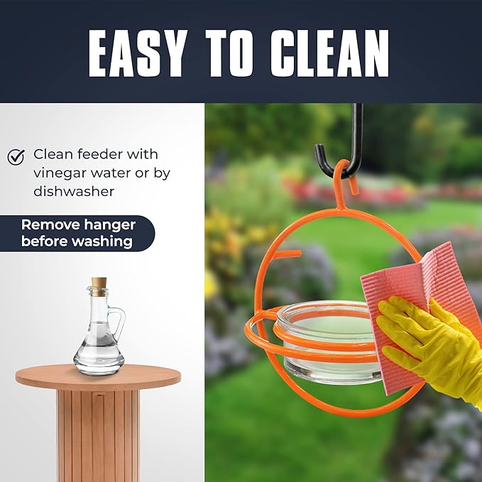 Monarch Abode Hanging Bird Feeder for Outdoors – Hanging Oriole Birdfeeder with Clear Glass Bowl and Orange Metal Perch & Prongs, Decorative Wild Bird Feeder for Outside Garden Patio Deck Yard