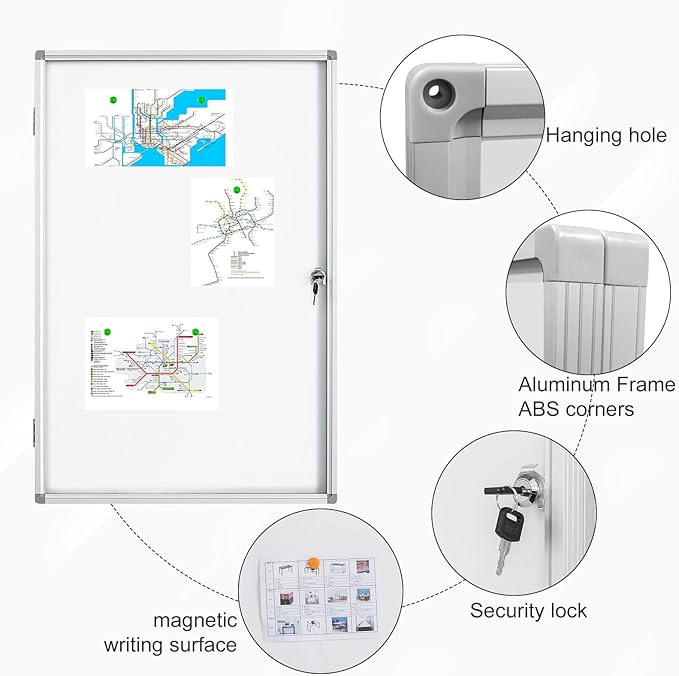 Lockable Magnetic Enclosed 36x24 inches Dry-Erase whiteboard, Tamper-Resistant Wall-Mounted Display whiteboard, Aluminum-Framed Window whiteboard (White)