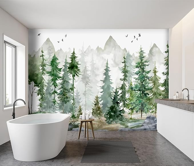 -Green Cartoon Pine Forest Nursery Fabric Wallpaper