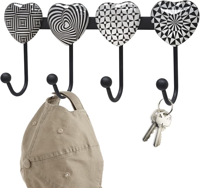 Coat Rack Wall Mounted with 4 Hooks, Heart Geometric Pattern Decorative Wall