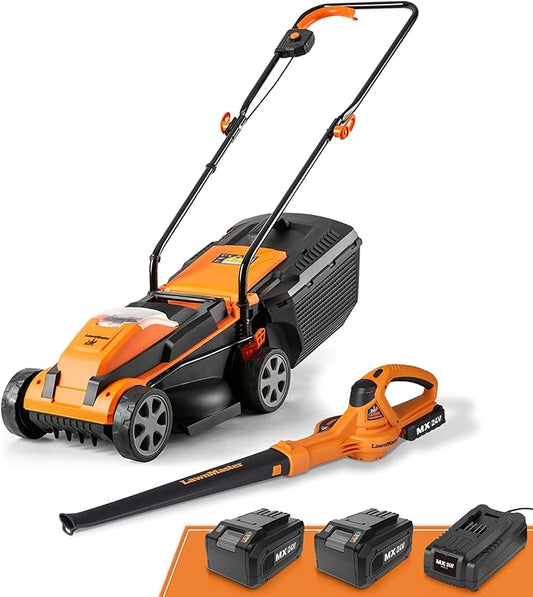 LawnMaster 24VMWBL 24V Max 13-inch Cordless Lawn Mower and Cordless Leaf Blower Combo with 2x4.0Ah Batteries and Charger