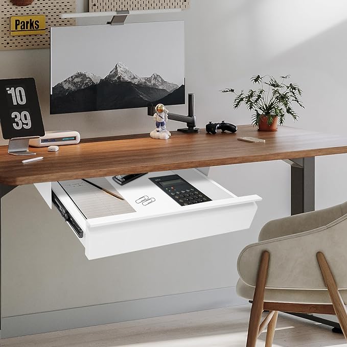 FFanhia 16 Inches Under Desk Mounted Sliding Pull-out Drawer Under Desk Storage Drawer for Sit Stand Workstation Office Desk(Applicable Table Thickness: 0.79in) White