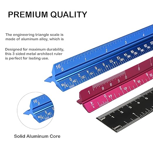 FUTGLOBAL Set of 3 Aluminum Engineering Scale Metal Ruler Set, Architectural Scale Rulers 12 Inch and 6 Inch Triangle Ruler and 12 Inch Straight Edge Ruler Drafting Tools for Architects, Draftsman