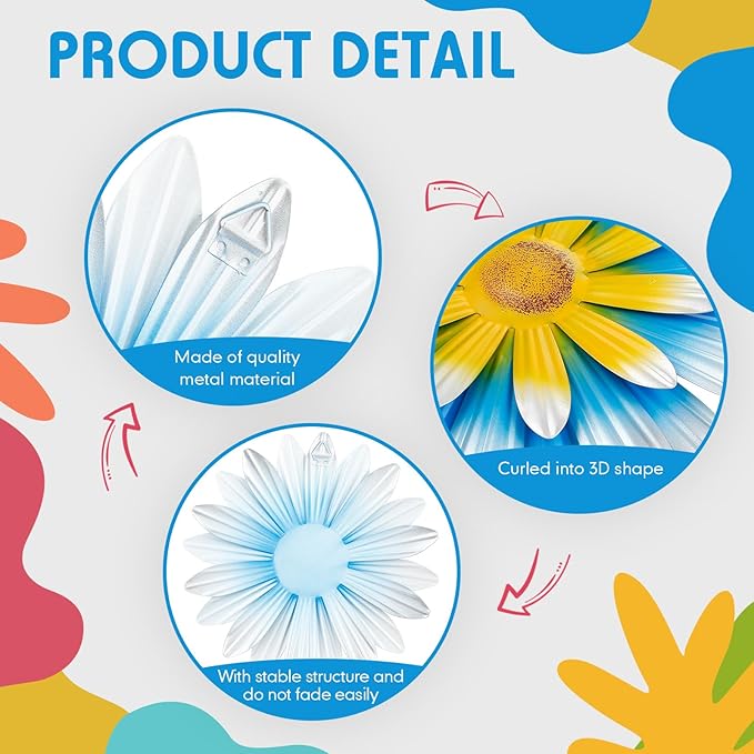 Zhehao 6 Pcs Metal Flower Wall Art Decor 10 Inch Sunflower Wall Decorations Hanging Outdoor Art Multicolored Handmade Metal Flowers Outdoor Decor (Vivid Color)