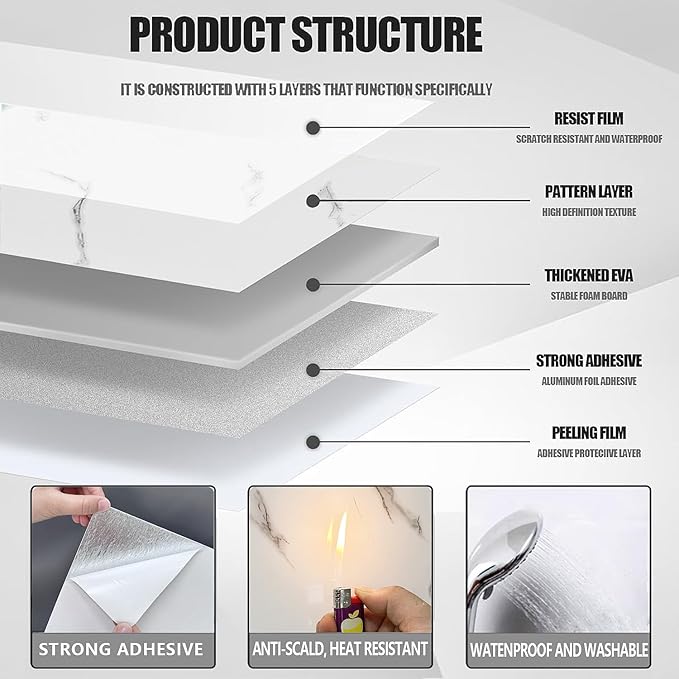 10pcs Peel and Stick Tile Shower Waterproof Marble Tiles Wall Panels,