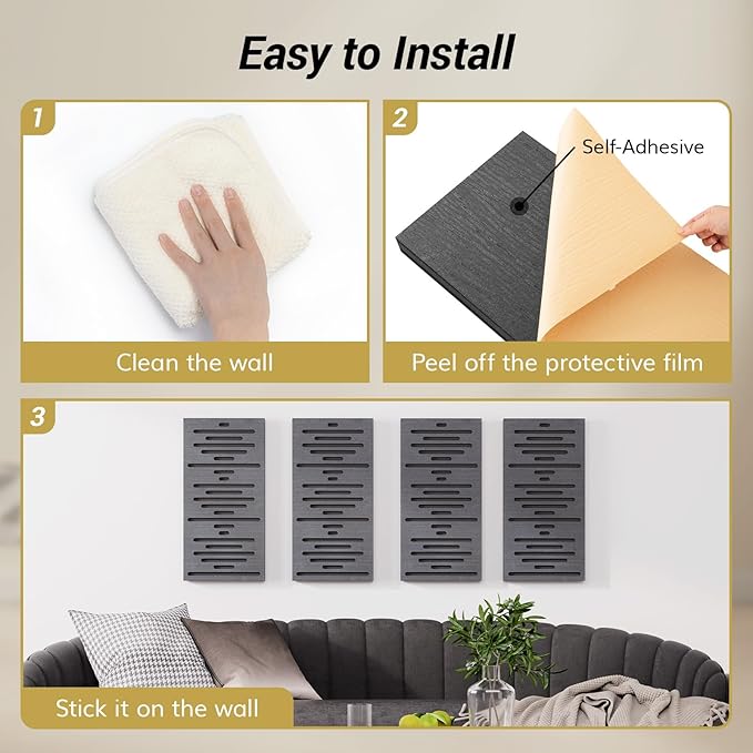 TONOR 4-Pack Acoustic Wood Wall Panels, 23.6” * 11.8” * 1.9” 3D Self-adhesive