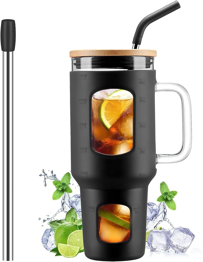 Glass Tumbler with Straw and Lid, 40 oz glass cup with handle, Glass Water Bottles with Time Marker, Silicone Protective Sleeve-Black