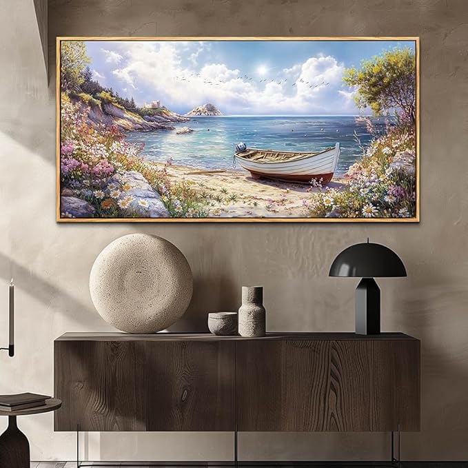 Wood Farmed Canvas Wall Art For Living Room Large Wall Decor For Office Bedroom Decorations The Sea Boat Landscape Pictures Farmhouse Painting Artwork Room Wall Mural Aesthetic Home Decor 30x60 In