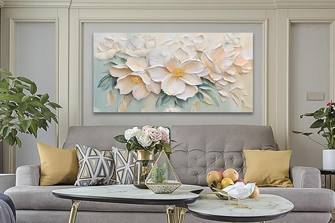 Anolyfi White Textured Flowers Large Canvas Wall Art