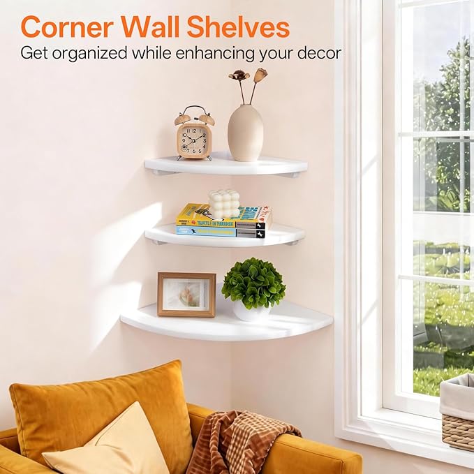 Gieanoo Floating Corner Shelves Set 2 10inch White Solid Oak Rounded Corner